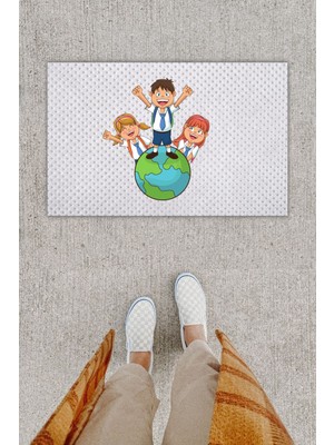 Modfex 3D Baskı Özel Tasarım   Mutlu Çocuklar Beyaz Kapı Önü Paspası