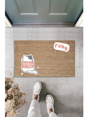 Modfex 3D Baskı Özel Tasarım   Kahverengi Meowy Yazılı Arkasını Dönmüş Kazaklı Kedi   Kapı  Paspası