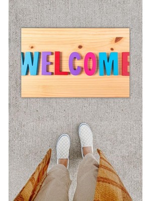 Miraxx Dijital Baskı Dekoratif Welcome Ahşap Kapı Önü Paspası K-1247