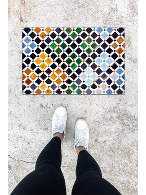 Miraxx Dijital Baskı Lacivert Kare Desen Kapı Önü Paspası K-1069