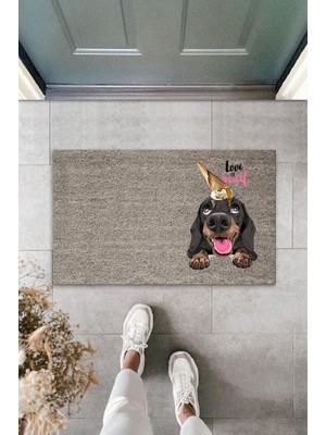 Miraxx Dijital Baskı Gri Love Sweet Kafasında Külahlı Dondurmalı Köpek Dekoratif Kapı Paspası K-2055