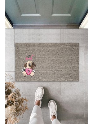 Modfex 3D Baskı Özel Tasarım    Gri Love Sweet  Pembe Şekerlemeli Bulldog Köpek   Kapı  Paspası