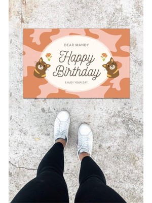 Miraxx Dijital Baskı Gül Kurusu Kedili Desen Kapı Önü Paspası K-1027