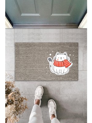 Modfex 3D Baskı Özel Tasarım    Gri Kırmızı Atkılı Beyaz Kedi   Kapı  Paspası