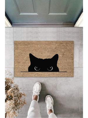 Miraxx Dijital Kara Kedi Bej Kapı Paspası Dış Mekan Paspas K-3185