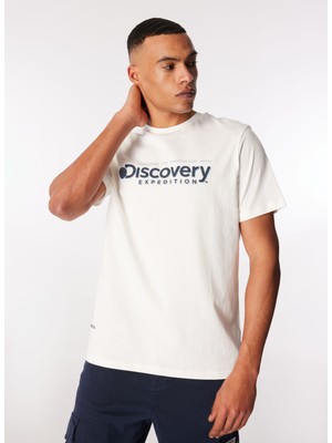 Discovery Expedition Kırık Beyaz Erkek Bisiklet Yaka Relaxed Baskılı T-Shirt D4SM-TST3273