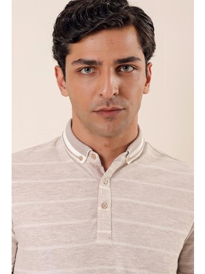 İmza Taş Rengi Kısa Kollu Çizgili Armürlüpamuklu Casual Slim Fit Dar Kesim T-Shirt 1011230167