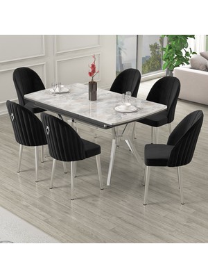 Canisa Sim Serisi 89X150 Açılabilir Lak Panel Beyaz Mermer Desen Masa Takımı 6 Sandalye