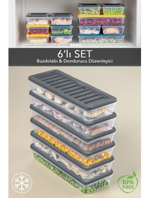 Meleni Home 6'lı Buzdolabı Organizer Mikrodalga ve Difrize Uygun Saklama Kabı Antrasit 6 x 1170 ml