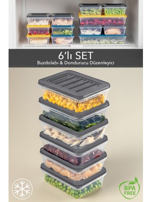 Meleni Home 6'lı Buzdolabı Organizer Mikrodalga ve Difrize Uygun Saklama Kabı Antrasit 6 x 600 ml