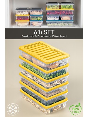 Meleni Home 6'lı Buzdolabı Organizer Mikrodalga ve Difrize Uygun Saklama Kabı Sarı 6 x 1200 ml