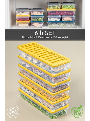 Meleni Home 6'lı Buzdolabı Organizer Mikrodalga ve Difrize Uygun Saklama Kabı Sarı 6 x 1170 ml