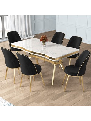 Canisa Pra Serisi 90X160 Lak Panel Beyaz Mermer Desen Gold Ayak Masa Takımı 6 Sandalye