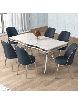Canisa Pra Serisi 90X160 Lak Panel Beyaz Mermer Desen Gümüş Ayak Masa Takımı 6 Sandalye