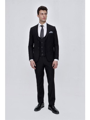 İmza Siyah Mono Yaka Astarlı Yelekli 6 Drop Slim Fit Dar Kesim Takım Elbise 1001225186