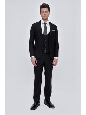 İmza Siyah Mono Yaka Astarlı Yelekli 6 Drop Slim Fit Dar Kesim Takım Elbise 1001225186