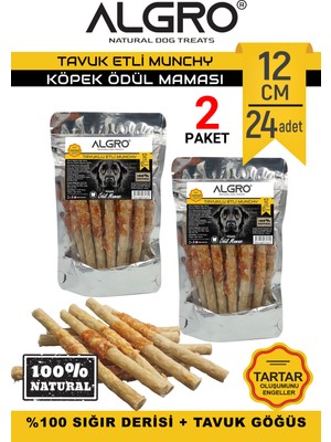 Algro Tavuklu Munchy Sticks Tavuk Göğüs Sarmalı %100 Sığır Derisi 12 cm x 12 Adet 2 Paket