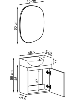 Roomart Punto Ayaksız Tek Kapaklı Sağ Lavabolu 46 cm Banyo Alt Dolabı + Üst Ayna