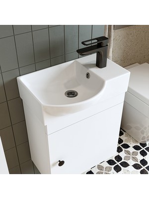 Roomart Punto Ayaksız Tek Kapaklı Sağ Lavabolu 46 cm Banyo Alt Dolabı + Üst Ayna