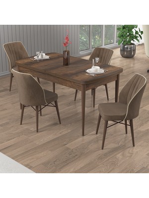 Canisa Uzi Serisi Barok Ahşap Desen 80X132 Açılabilir Mutfak Masası Takımı 4 Sandalye