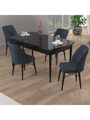 Canisa Uzi Serisi Siyah Mermer Desen 80X132 Açılabilir Mutfak Masası Takımı 4 Sandalye