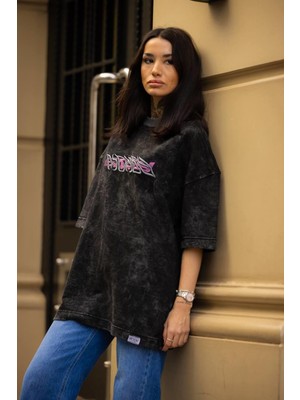 Rex Moda Yıkamalı Eva Nakış Oversize  T-Shirt