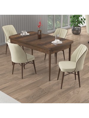 Canisa Uzi Serisi Barok Ahşap Desen 80X132 Açılabilir Mutfak Masası Takımı 4 Sandalye