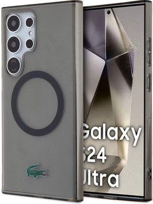 Lacoste Galaxy S24 Ultra Kılıf Lacoste Lisanslı Magsafe Özellikli Transparan Timsah Logo Baskılı Kapak Siyah