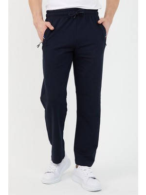 Comeor Erkek Fermuar Cep Nakış Detaylı Düz Paça Rahat Kesim Lacivert Eşofman Altı