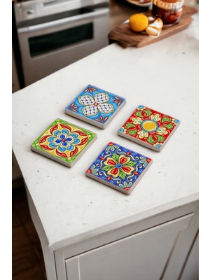 Baum Atelier Mexican Talavera Renkli Tile Desen Doğal Taş Traverten Bardak Altlığı 4 Lü Set