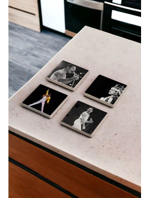 Baum Atelier Freddie Mercury, 80 Ler Rock Grup Doğal Taş Traverten Bardak Altlığı 4 Lü Set