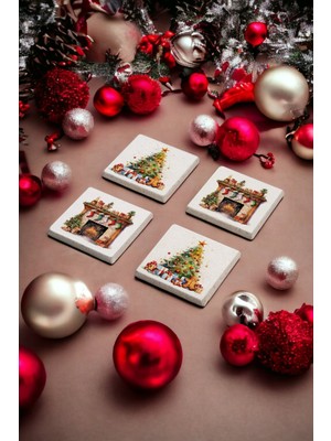 Baum Atelier Christmas Şömine ve Ağaç, Noel Hediyesi Doğal Taş Traverten Bardak Altlığı 4 Lü Set