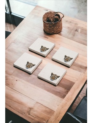 Baum Atelier Leopar Yüzü Desenli Doğal Taş Traverten Bardak Altlığı 4 Lü Set