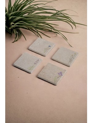 Baum Atelier Minimal Çiçek Tasarımlı Doğal Taş Traverten Bardak Altlığı 4 Lü Set