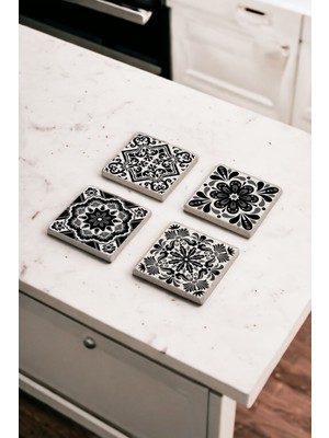 Baum Atelier Siyah Tile Desen, Mexican Talavera Doğal Taş Traverten Bardak Altlığı 4 Lü Set