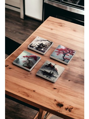 Baum Atelier Japon Doğası ve Kiraz Çiçeği Stone Coasters Doğal Taş Traverten Bardak Altlığı 4 Lü Set