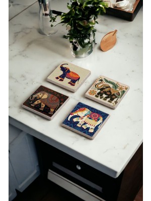 Baum Atelier Indian Elephant Art Doğal Taş Traverten Bardak Altlığı 4 Lü Set