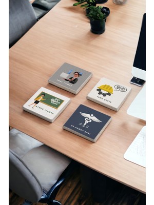 Baum Atelier Kişiselleştirilebilir Meslekler, Öğretmen, Mühendis Doğal Taş Bardak Altlığı 4 Lü Set
