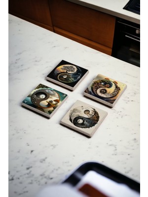 Baum Atelier Yin Yang Life Of Tree Temalı Doğal Taş Traverten Bardak Altlığı 4 Lü Set
