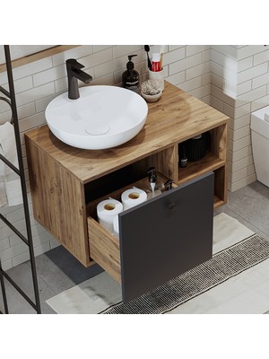 Roomart Ayaksız Lavabolu Mdf 75 cm Çekmeceli Banyo Dolabı
