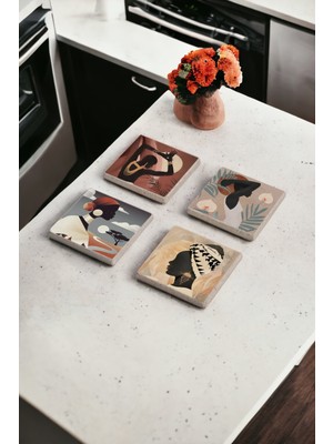 Baum Atelier Afrikalı Kadınlar Temalı Doğal Taş Traverten Bardak Altlığı 4 Lü Set