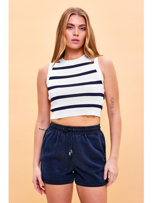 Vena Kadın Mia Lacivert/fildişi Bisiklet Yaka Basic Çizgili Triko Crop Top