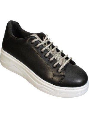 Yaz Kış Ayakkabı Yazkış Kadın Siyah Beyaz Cilt Bağcıkları Dili  Taşlı 5cm Kalın Taban Fashıon Spor Ayakkabı