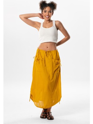 Eliş Şile Bezi Gökşen Vual Bağlama ve Lastik Detay Midi Boy Yazlık Otantik Etek Hardal Hrd