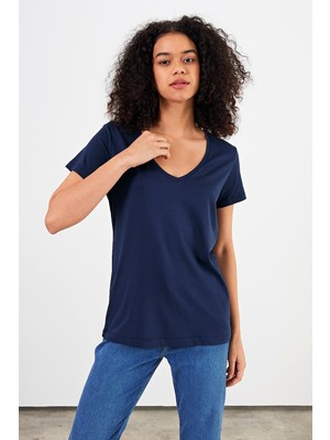 Vena Kadın Boyfriend Lacivert V Yaka Regular Fit Modal Tişört (Lyocell)