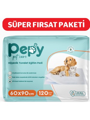 Pepy Pet Care 60 x 90 cm Hijyenik Tuvalet Eğitim Pedi 120 Adet Evcil Dostlar İçin 3 Katmanlı Koruma