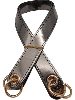 Angel Çanta Aksesuar Parlak Rugan Deri Kuş Gözlü Çift Çanta Sapı Antrasit Renk Light Gold Metalli