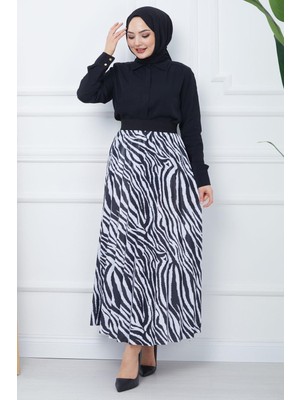 Hafsa Mina Zebra Desen Piliseli Etek Siyah HM2391