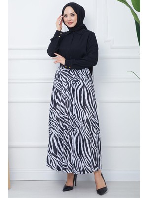 Hafsa Mina Zebra Desen Piliseli Etek Siyah HM2391