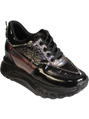 Yaz Kış Ayakkabı Yazkış Kadın Siyah Beyaz Üzeri Taş Detaylı Paraşüt Kumaş 5cm Kalın Comfort Taban Fashıon Spor Ayakka